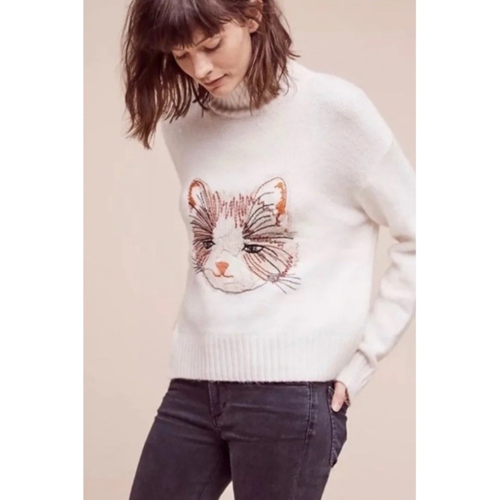 Anthropologie Moth Miaou Embroidered Cat Mockneck Sweater Small Cropped Cottage